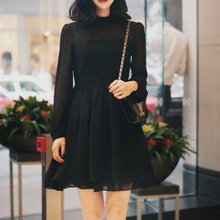 Mock-turtleneck Long-sleeve Mini A-line Chiffon Dress
