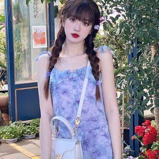 Spaghetti Strap Ruffle Trim Tie Dye Mini Dress