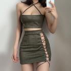 Set: Halter-neck Crop Top + Lace-up Mini Fitted Skirt