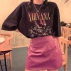 Printed Elbow-sleeve T-shirt / Faux Leather Mini A-line Skirt