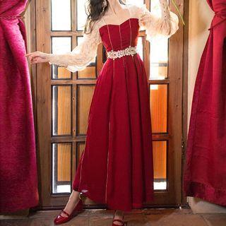 Lace-sleeve Midi A-line Dress
