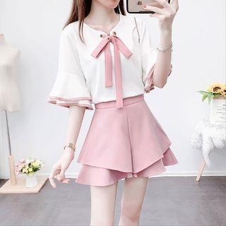 Set: Elbow-sleeve Tie-neck Blouse + Wide Leg Shorts