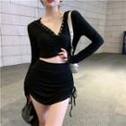 Long-sleeve V-neck Cropped Hooded Top / Drawstring Mini Skirt