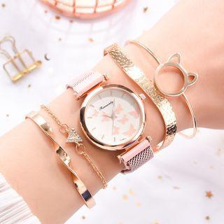 Set: Butterfly Print Alloy Mesh Strap Watch + Bracelet