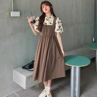 Mock Two-piece Short-sleeve Bow Printed Panel Plain Dress