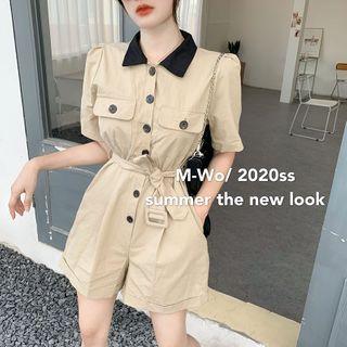 Short-sleeve Belt-waist Playsuit Khaki - One Size