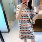 Short-sleeve Color Block Knit T-shirt Dress Blue & Red & Pink - One Size