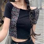 Short-sleeve Flower Print Panel T-shirt Black - One Size