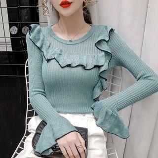 Bell Sleeve Contrast-trim Knit Top