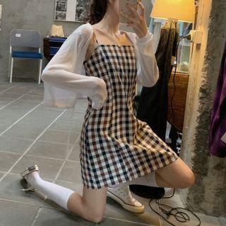 Light Jacket / Strappy Plaid A-line Dress