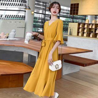 Flared-sleeve Midi Shift Dress