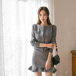 Set: Cardigan + Sleeveless Ruffle-hem Knit Mini Dress