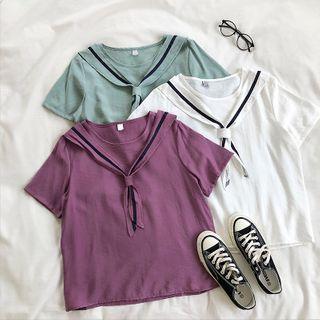 Color-block Panel Lace-up Crewneck Short-sleeve Top