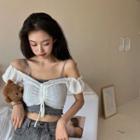 Set: Off-shoulder Drawcord Crop Top + Spaghetti Strap Shirred Top As Shown In Figure - One Size