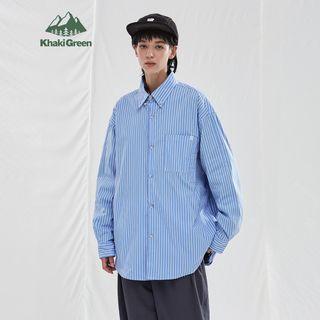 Unisex Striped Pocket-details Loose Shirt