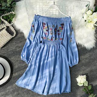 Off-shoulder Long-sleeve Embroidered Mini A-line Dress