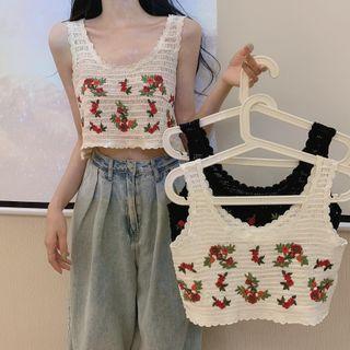Flower Embroidered Sleeveless Crochet Knit Top