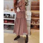 Lace-trim Patterned Tiered Dress Brown - One Size