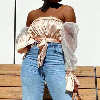 Off-shoulder Mesh Panel Crop Top