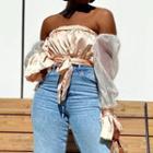 Off-shoulder Mesh Panel Crop Top