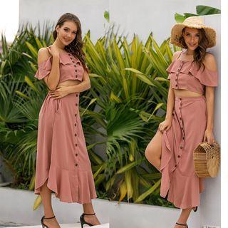 Set: Short-sleeve Cold Shoulder Crop Top + Midi A-line Skirt