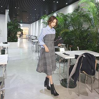 Set: Shirt + Belted Glen-plaid Midi Tube Dress