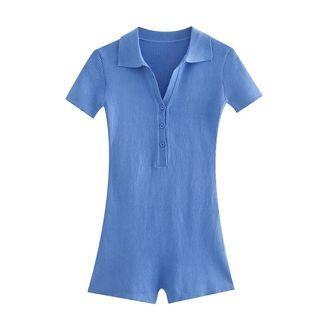 Short-sleeve Collared Knit Romper