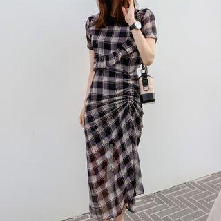 Printed Short-sleeve Sheath Midi Dress
