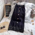 Tasseled Midi A-line Knit Skirt Black - One Size