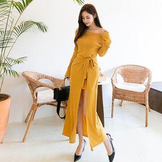 Long-sleeve Off-shoulder Sashed Midi Dress