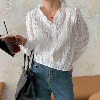 V-neck Lace Trim Perforated Top White - One Size