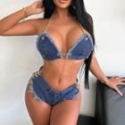 Set: Halter Denim Crop Top + Hot Pants