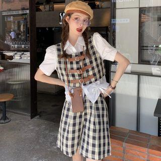 Short-sleeve Drawstring Shirt / Plaid Buckled Vest / Wide Leg Shorts / Set