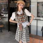 Short-sleeve Drawstring Shirt / Plaid Buckled Vest / Wide Leg Shorts / Set