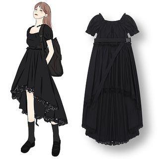 Plain Lace Trim Puff-sleeve Midi A-line Dress