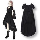 Plain Lace Trim Puff-sleeve Midi A-line Dress