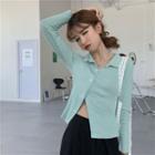 Collared Long-sleeve T-shirt Mint Green - One Size