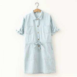 Plain Short-sleeve Polo Dress Light Blue - One Size