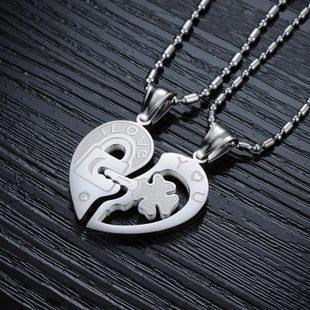 Couple Rhinestone Heart Lock Titanium Steel Necklace
