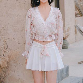 Set: Bikini Top + Long-sleeve Floral Lace Top + Swim Skirt