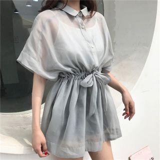 Set: Tie Waist Short-sleeve Dress + Plain Camisole Top