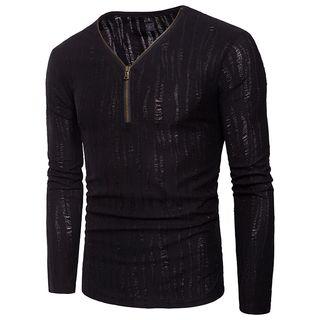V-neck Half Zip Long-sleeve T-shirt