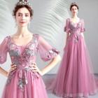 Puff-sleeve Embroidered A-line Evening Gown