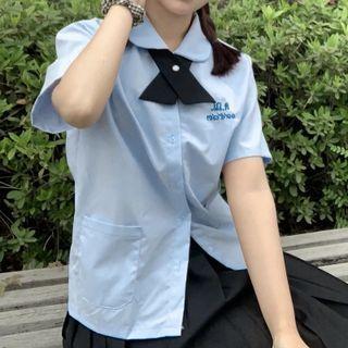 Short-sleeve Letter Embroidered Shirt / Tie / Pleated Skirt / Set