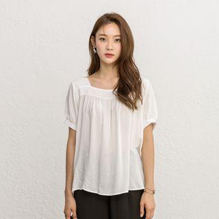 Square-neck Shirred-trim Top White - One Size