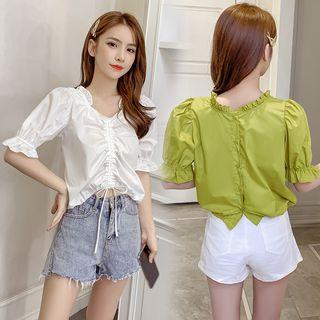 Short-sleeve Frill Trim Drawstring Top