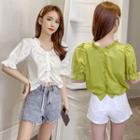 Short-sleeve Frill Trim Drawstring Top