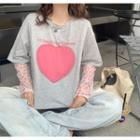 Mock Two-piece Long-sleeve Heart Print T-shirt Gray - One Size