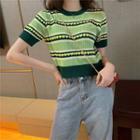 Short-sleeve Striped Heart Print Knit Top Avocado Green - One Size