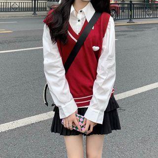 Plain Shirt / Knit Vest / Mini A-line Skirt